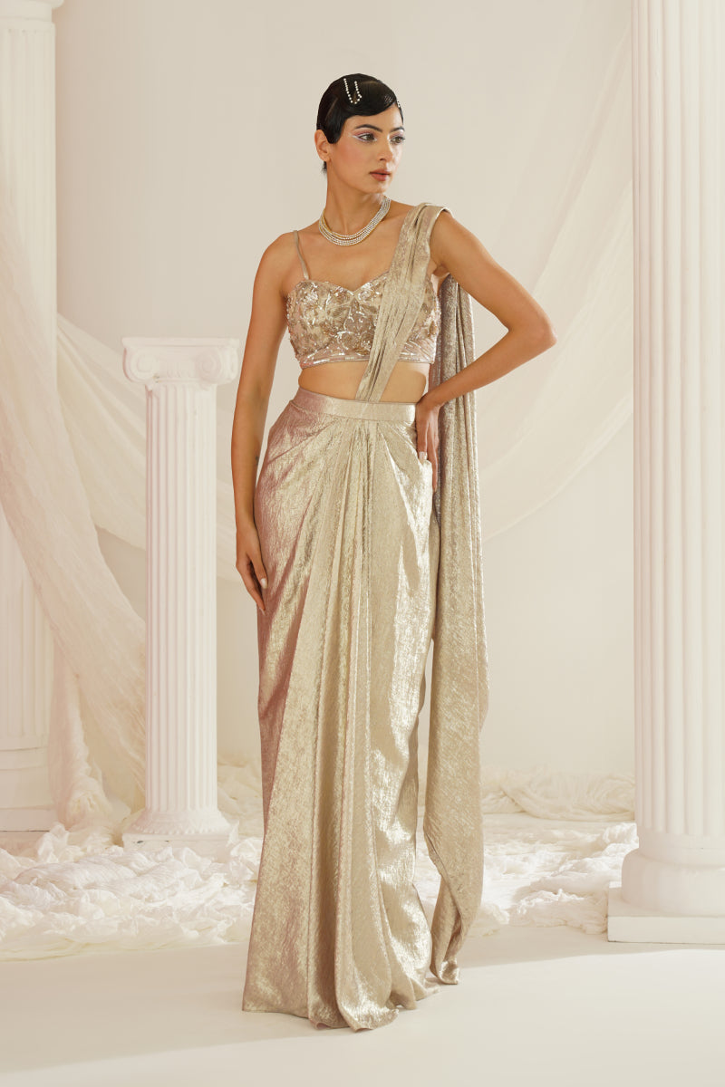 Gold Embroidered Blouse With
Ready To Wear Drape Saree Set