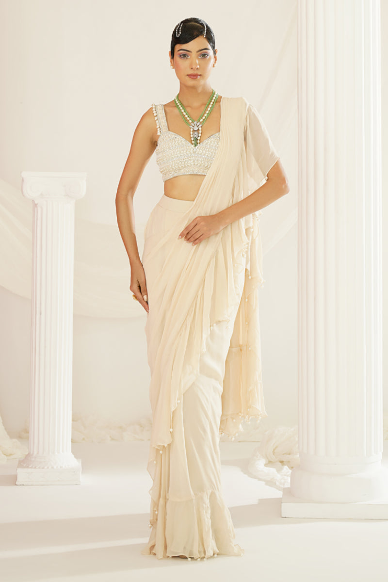 Ivory Embroidered Blouse With Ready To Wear Ruffle Saree Set