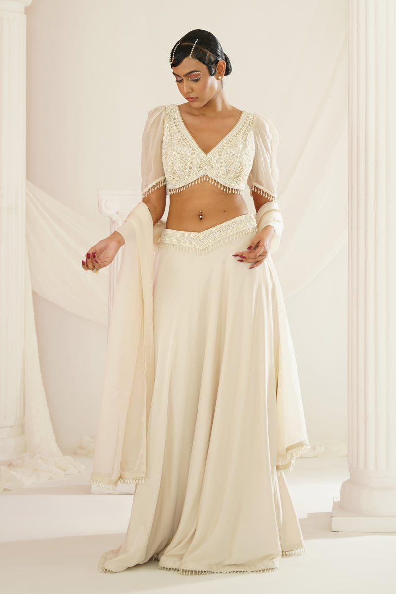Ivory Crystals And Pearl Embroidered Lehenga Set