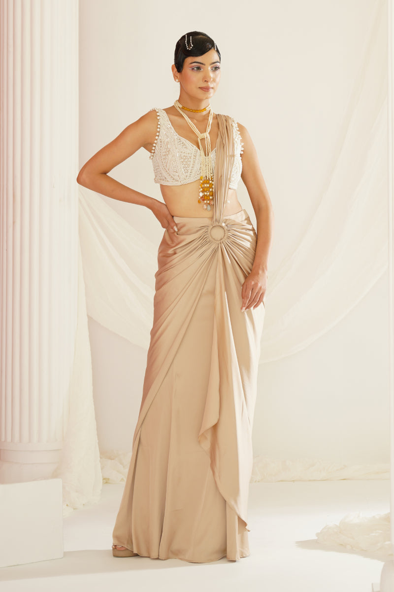 Nude Embroidered Blouse With Ready To Wear Drape Saree Set