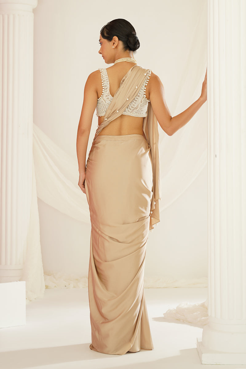 Nude Embroidered Blouse With Ready To Wear Drape Saree Set