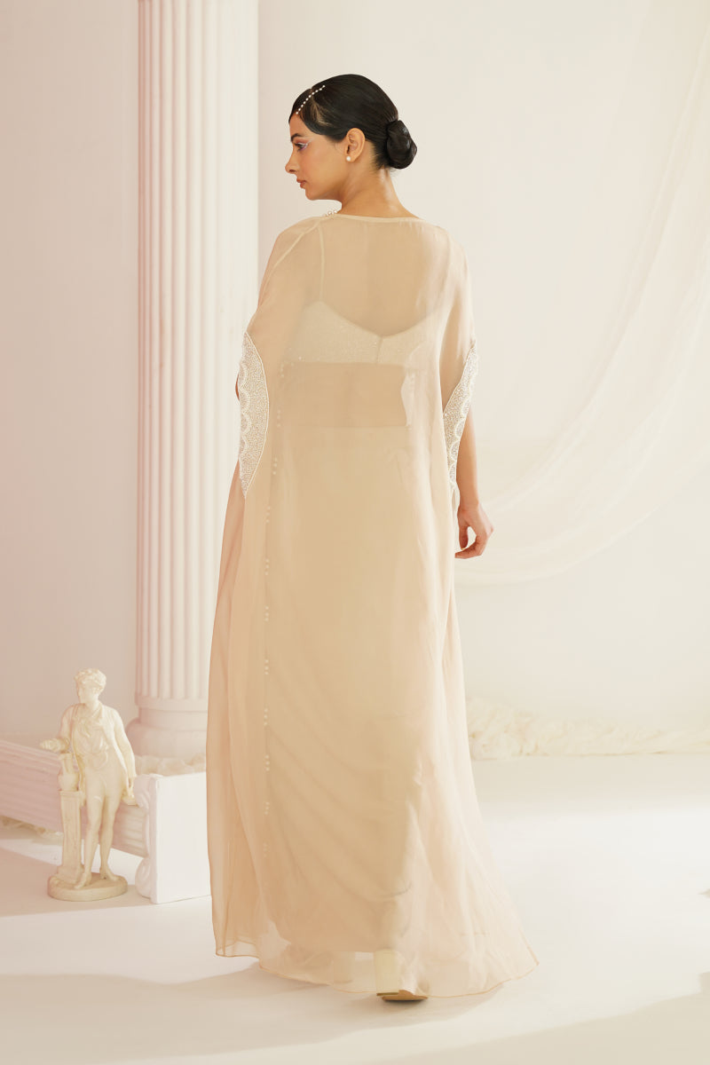 Nude Embellished Blouse, Dhoti And Cape Set