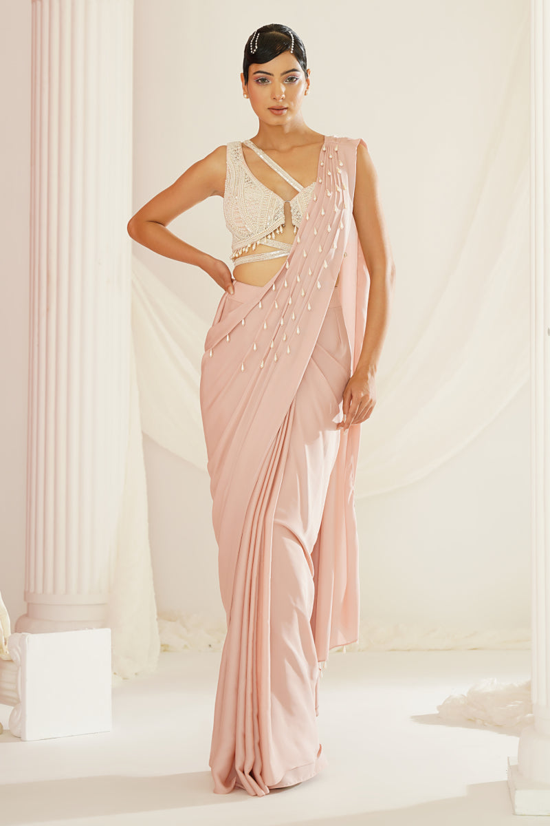Blush Pink Embroidered Blouse With Ready To Wear Drape Saree Set