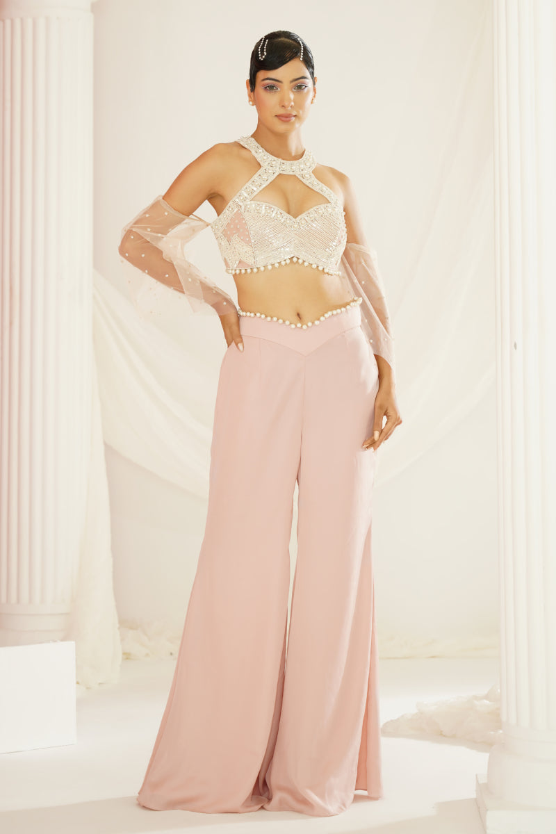 Blush Pink Embellished Blouse And Pallazo Set