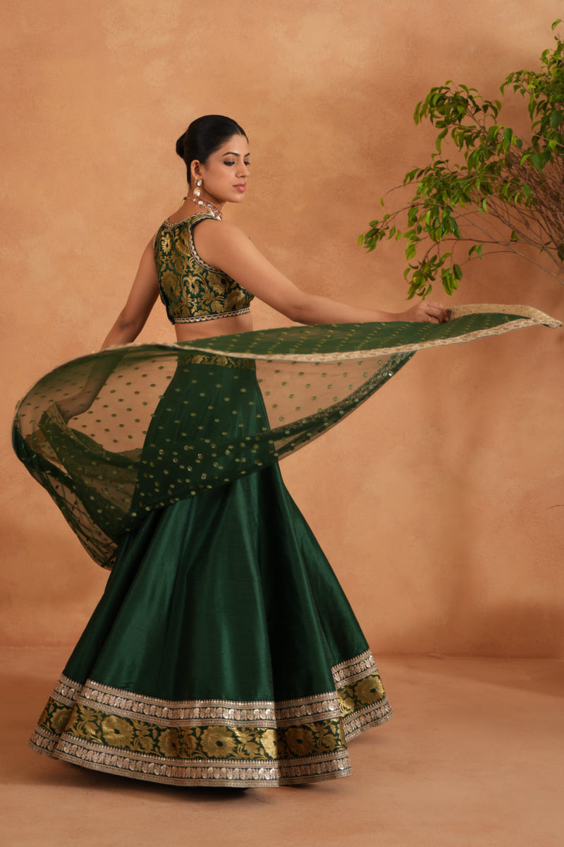 Bottle Green Brocade Blouse, Lehenga And Dupatta