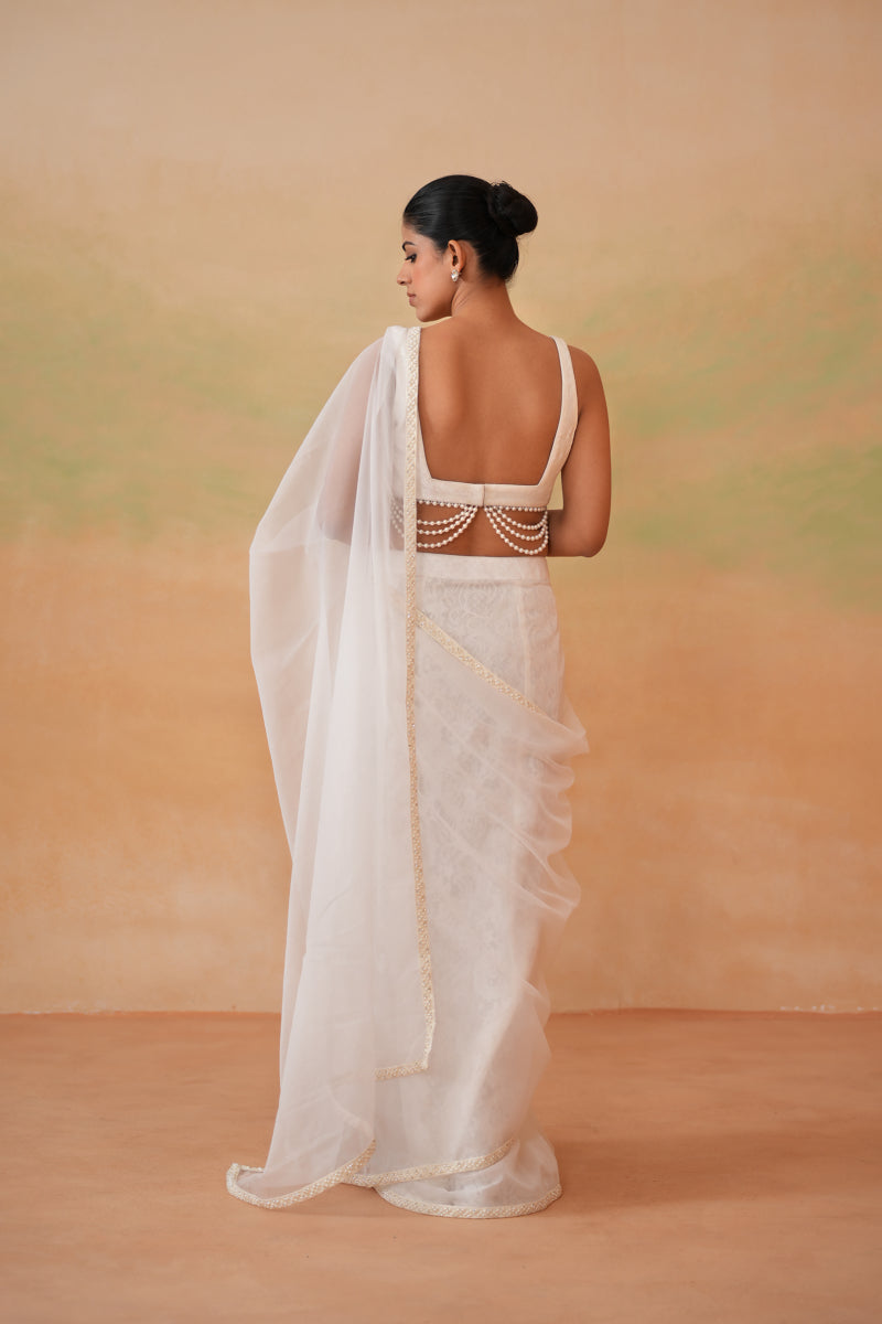Ivory Blouse And Stitched Saree