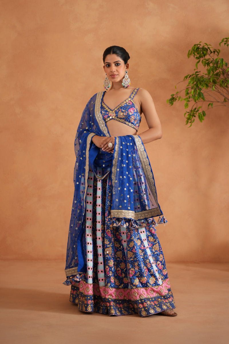 Blue Printed And Embroidered Blouse, Lehenga And Dupatta