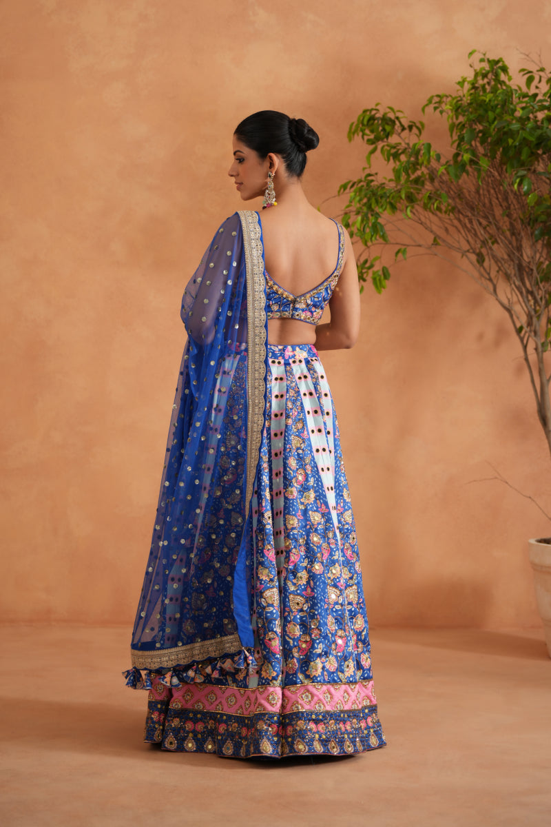 Blue Printed And Embroidered Blouse, Lehenga And Dupatta