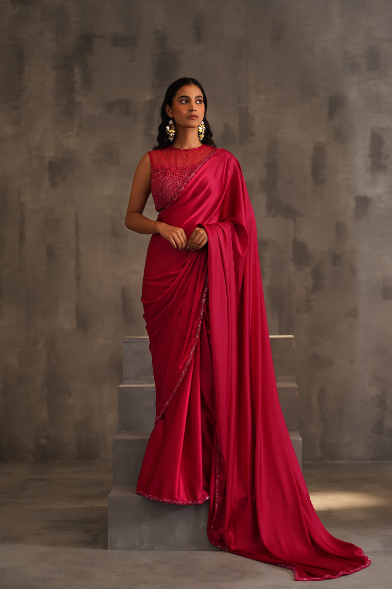 Fuchsia Embroidered Blouse And Pre Pleated Saree