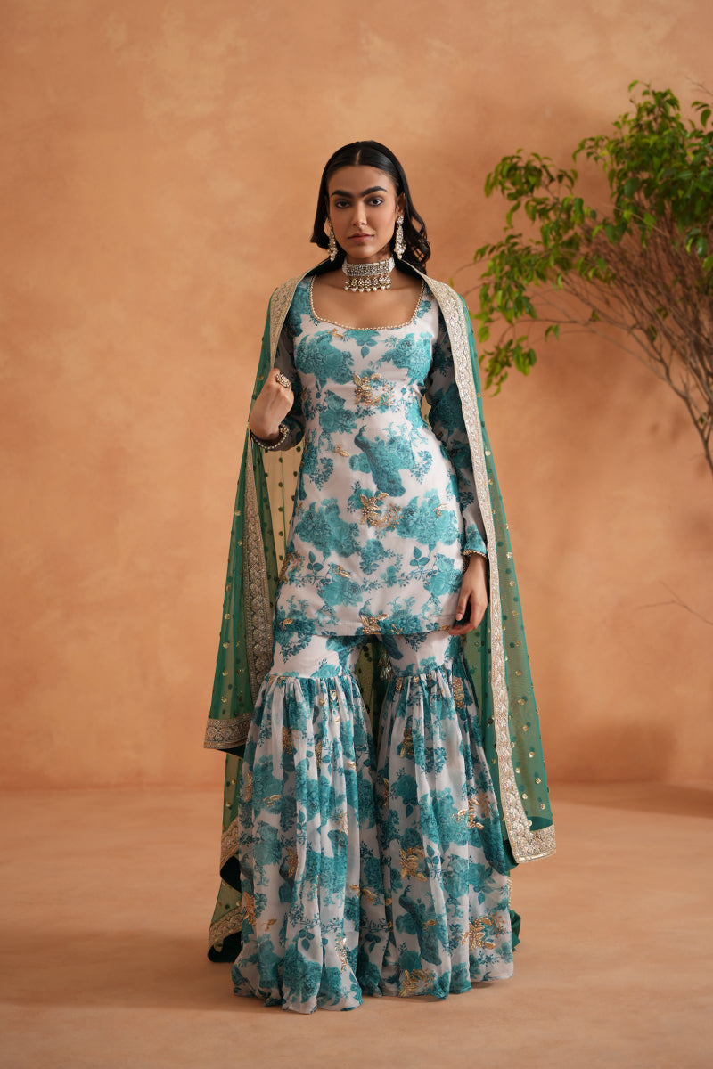Teal Blue And White Printed Kurti, Garara And Dupatta