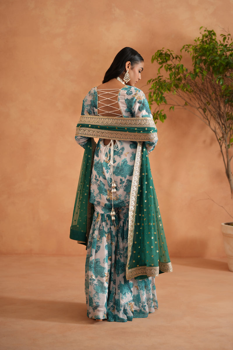 Teal Blue And White Printed Kurti, Garara And Dupatta