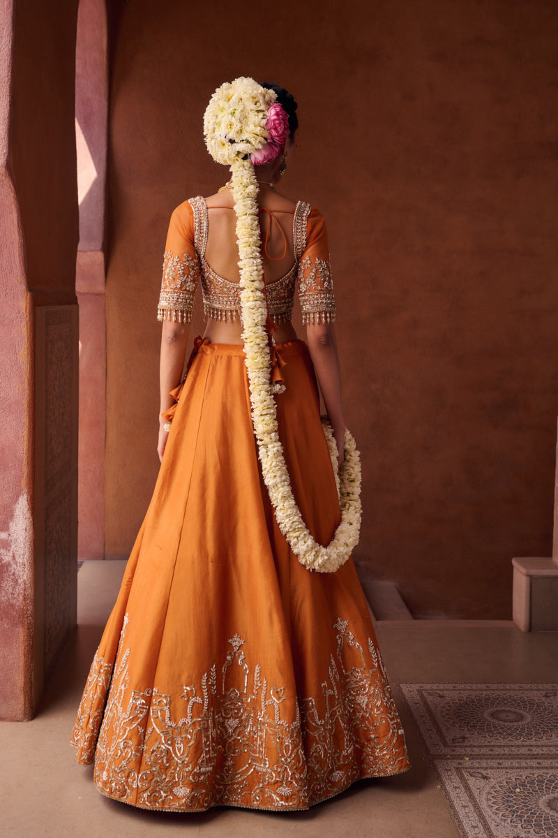 Rust Orange Embroidered Blouse, Shimmer Tissue Lehenga And Dupatta