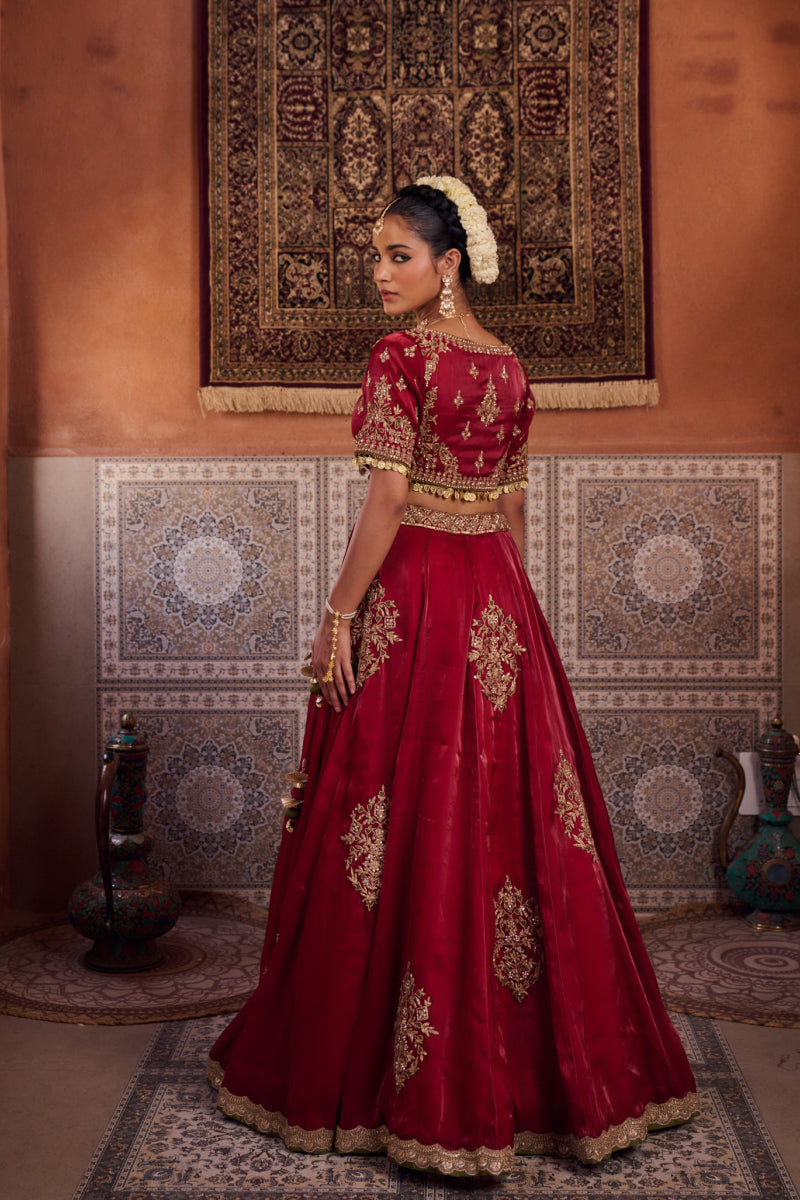 Maroon Glass Tissue Blouse, Lehenga And Dupatta