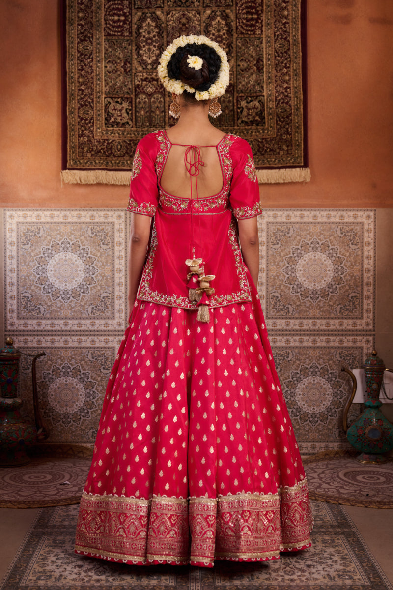Fuchsia Embroidered Kurti With Banarsi Lehenga And Dupatta