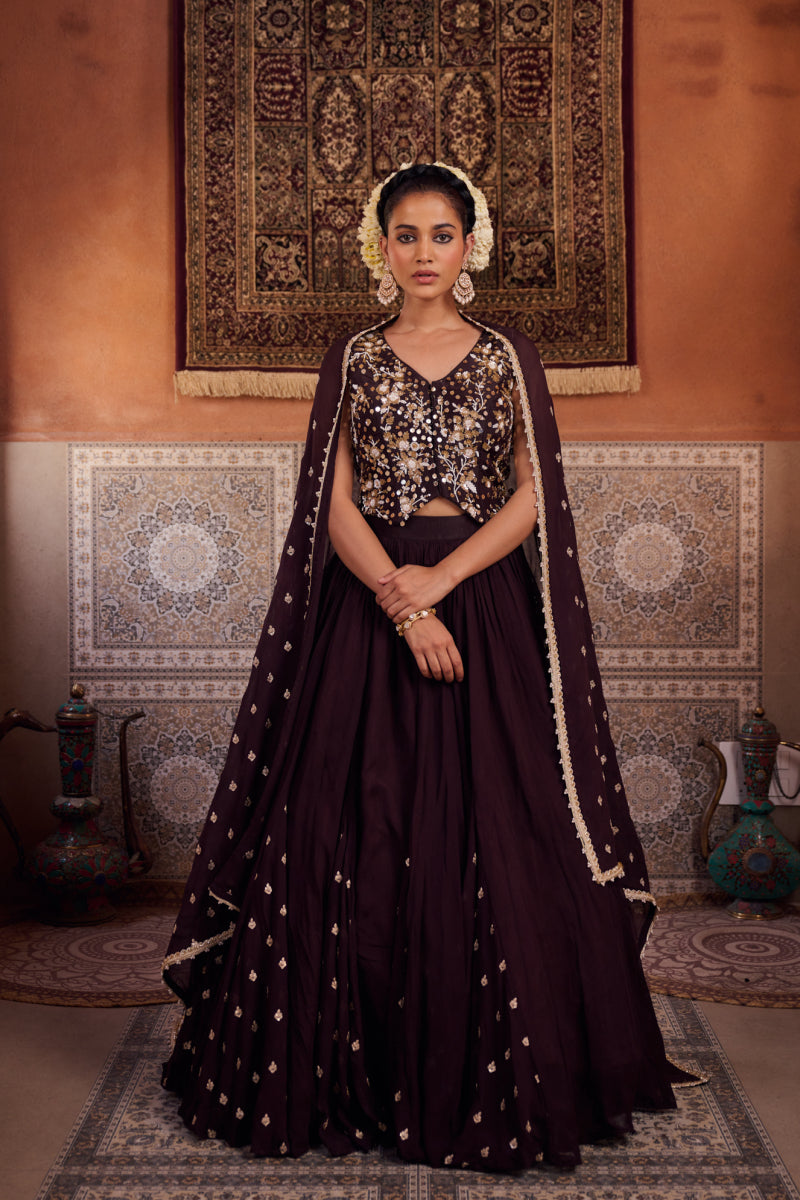Brown Embroidered Silk Waist Coat, Lehenga And Dupatta