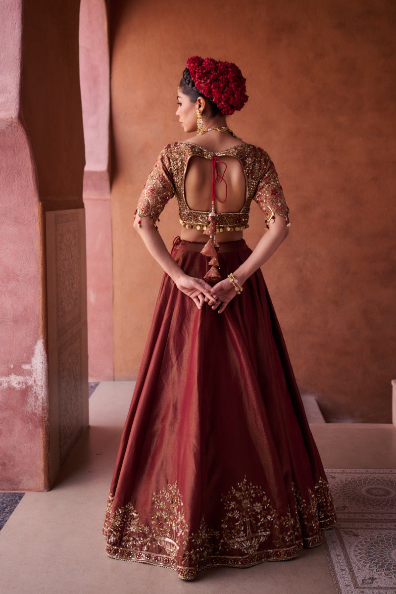 Maroon And Beige Shimmer Tissue Silk Blouse, 
Lehenga And Dupatta