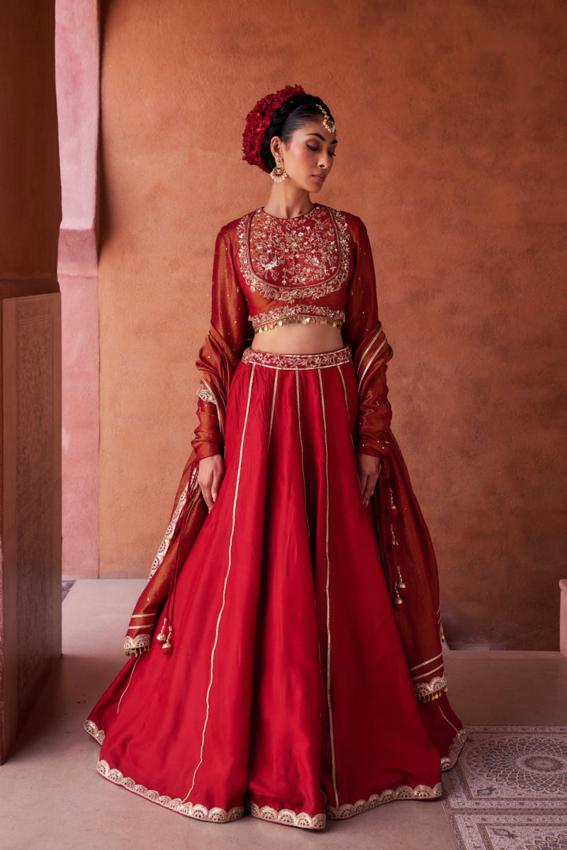 Maroon Upada Silk Lehenga, Shimmer Tissue Blouse And Dupatta
