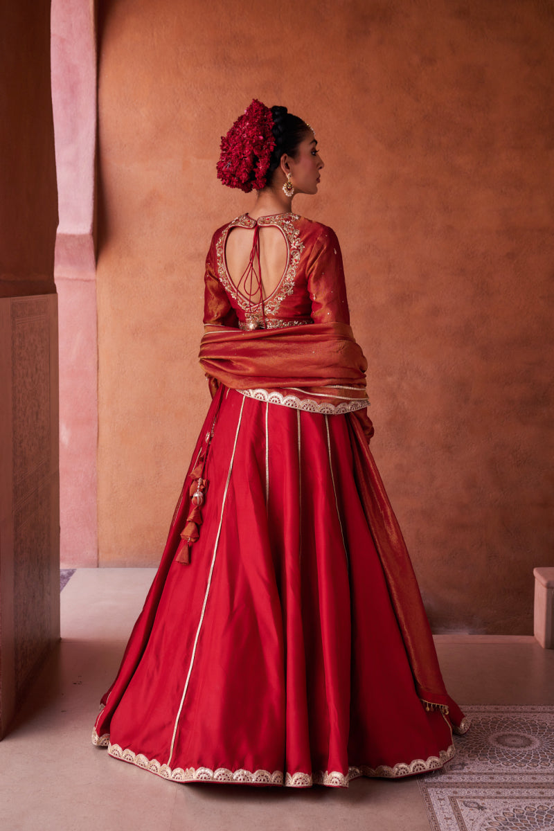 Maroon Upada Silk Lehenga, Shimmer Tissue Blouse And Dupatta