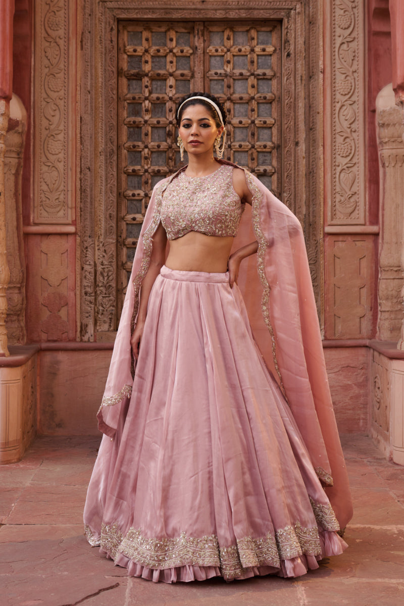 Blush Pink Glass Tissue Silk Blouse, Lehenga And Dupatta