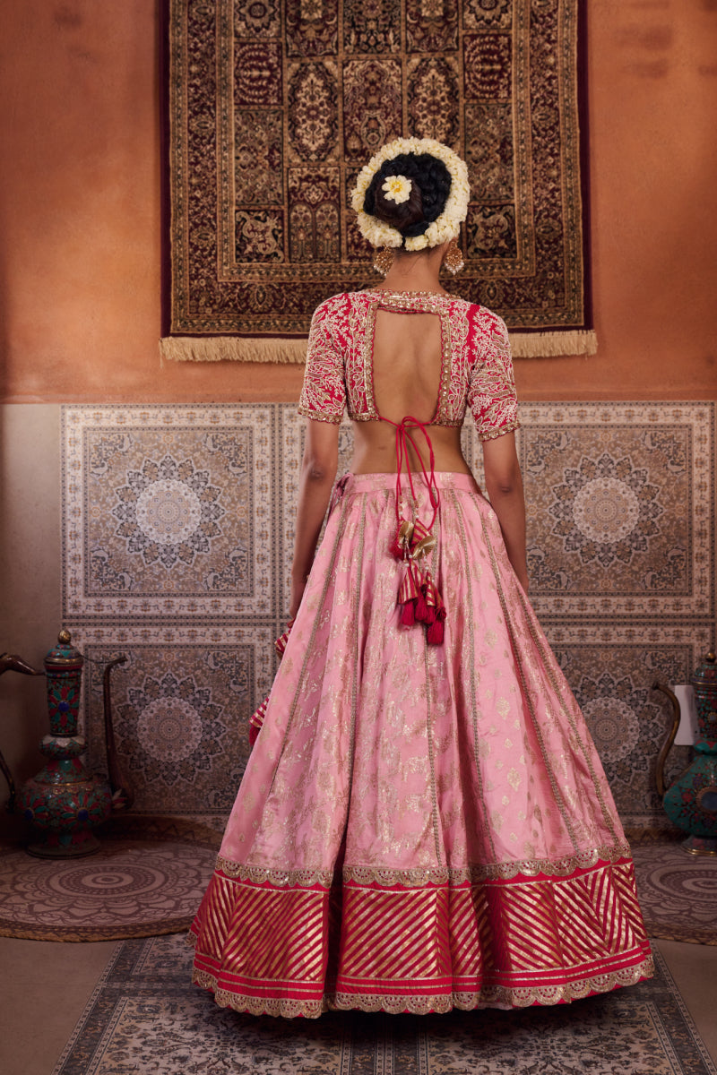 Blush Pink And Fuchsia Upada Silk Blouse, Banarsi Silk Lehenga And Dupatta