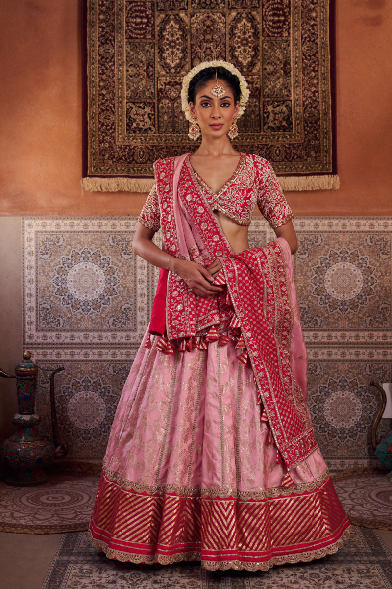 Blush Pink And Fuchsia Upada Silk Blouse, Banarsi Silk Lehenga And Dupatta