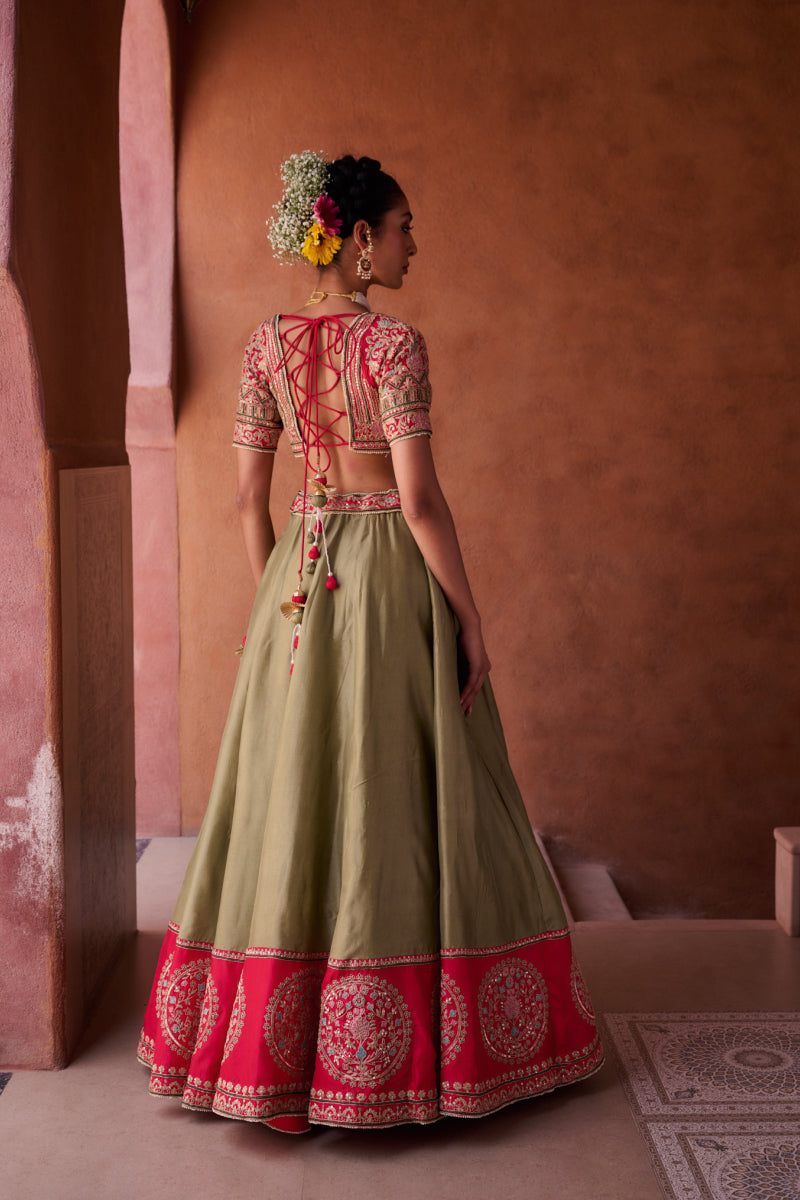 Sage Green And Fuchsia Upada Silk Blouse, Lehenga And Organza Dupatta