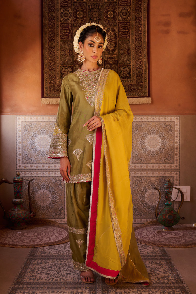 Sage Green And Mustard Upada Silk Kurta, Salwar And Organza Dupatta