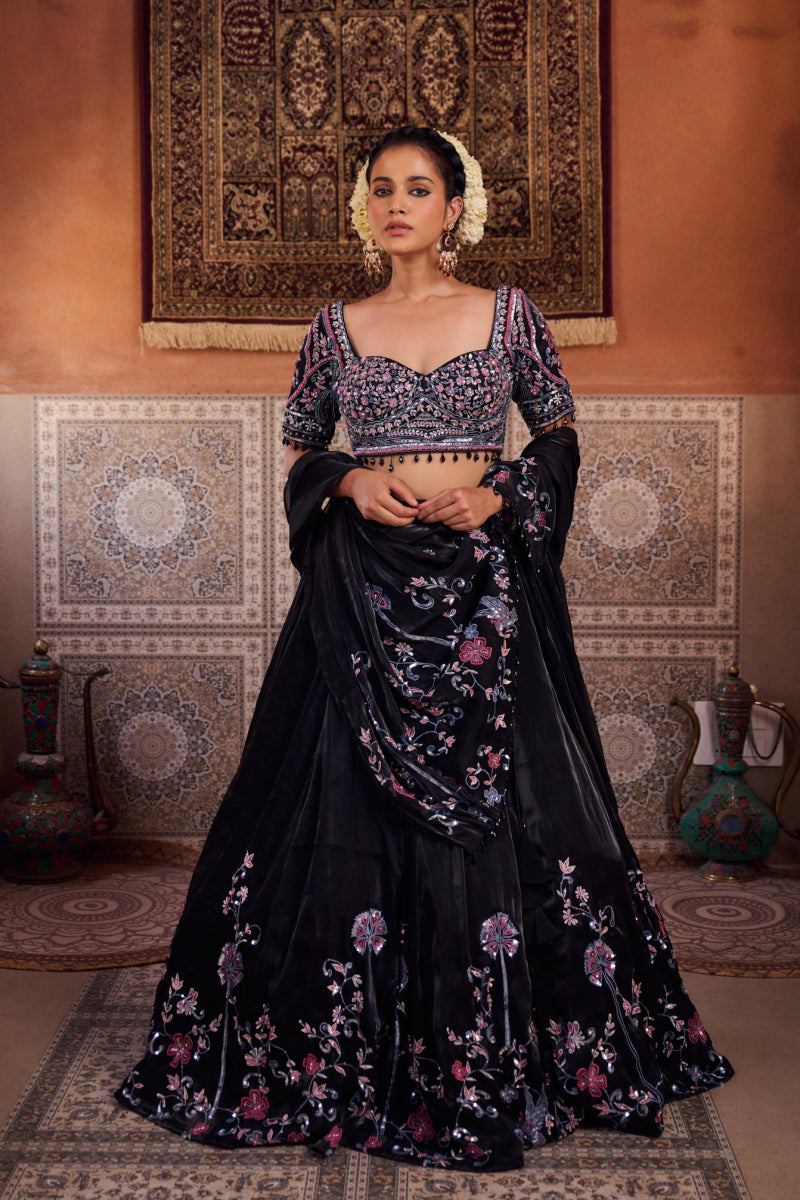 Black Glass Tissue Embroidered Blouse, Lehenga And Dupatta