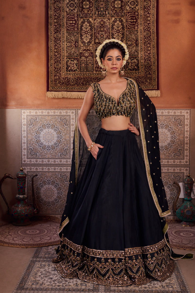 Black And Mehendi Green Embellished Blouse, Lehenga And Dupatta