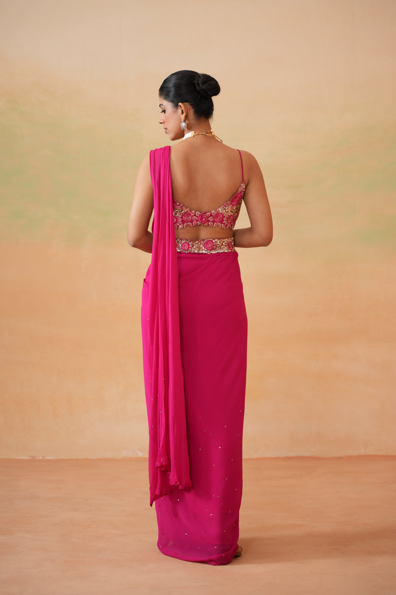 Fuchsia Embroidered Blouse, Drape Saree And Belt