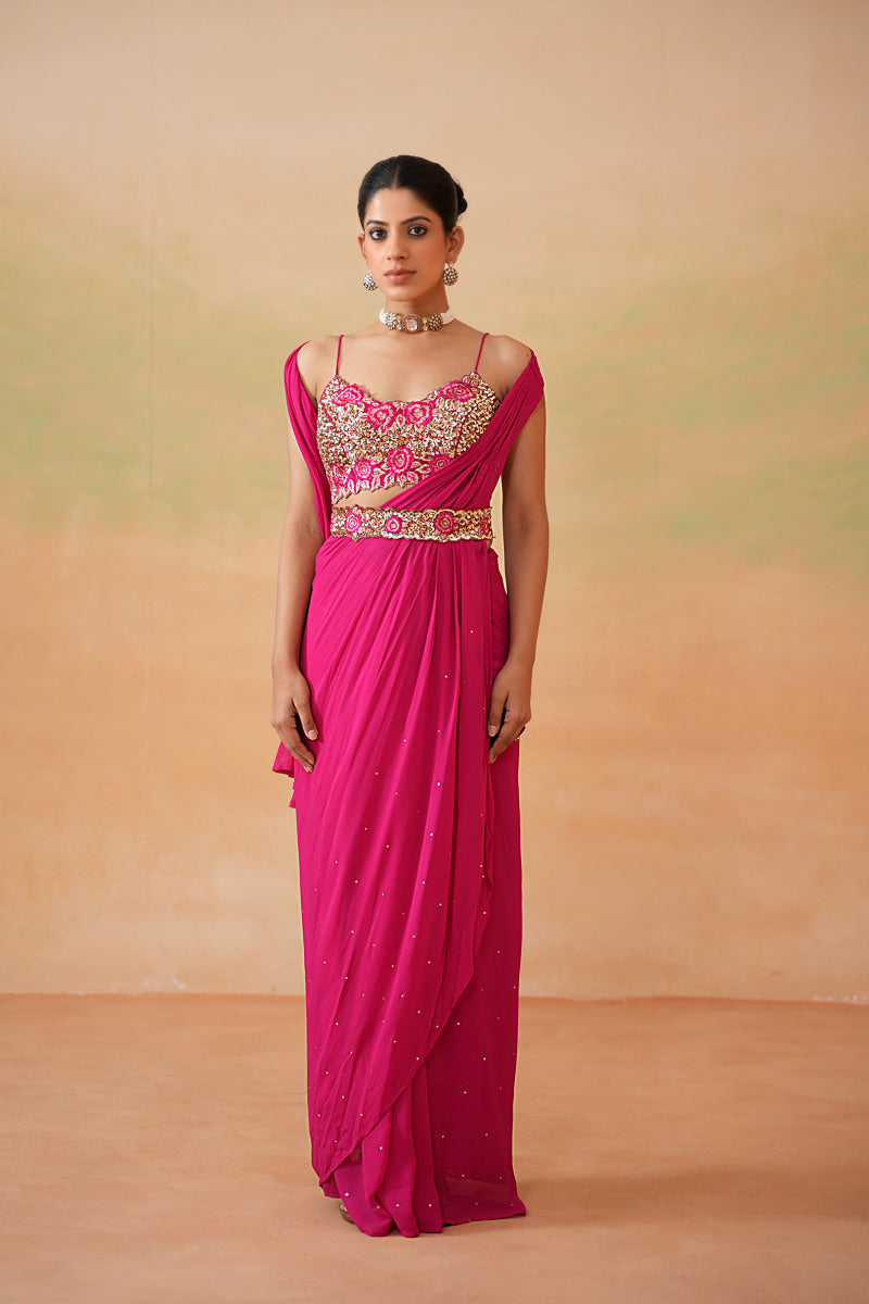 Fuchsia Embroidered Blouse, Drape Saree And Belt