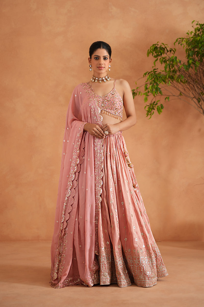 Pink Embroidered Blouse, Lehenga And Dupata