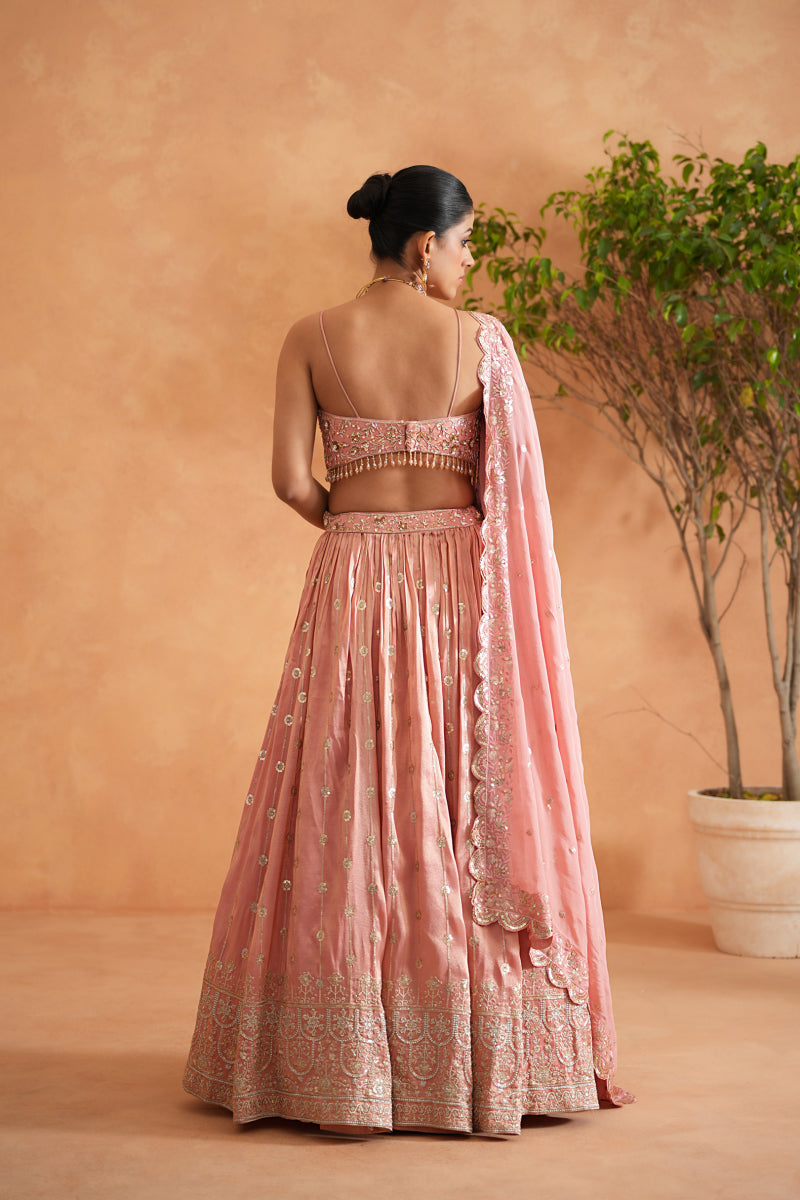 Pink Embroidered Blouse, Lehenga And Dupata
