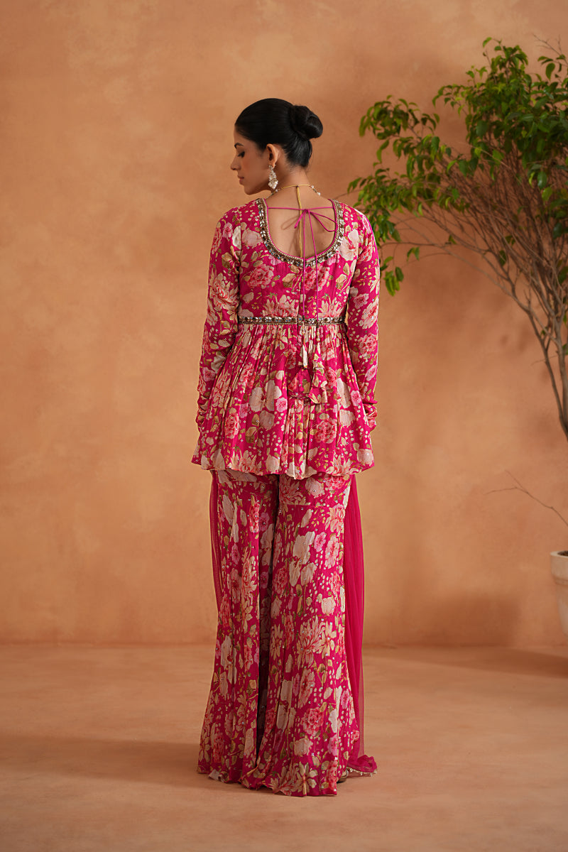 Fuchsia Embroidered Peplum Kurti, Garara And Dupatta