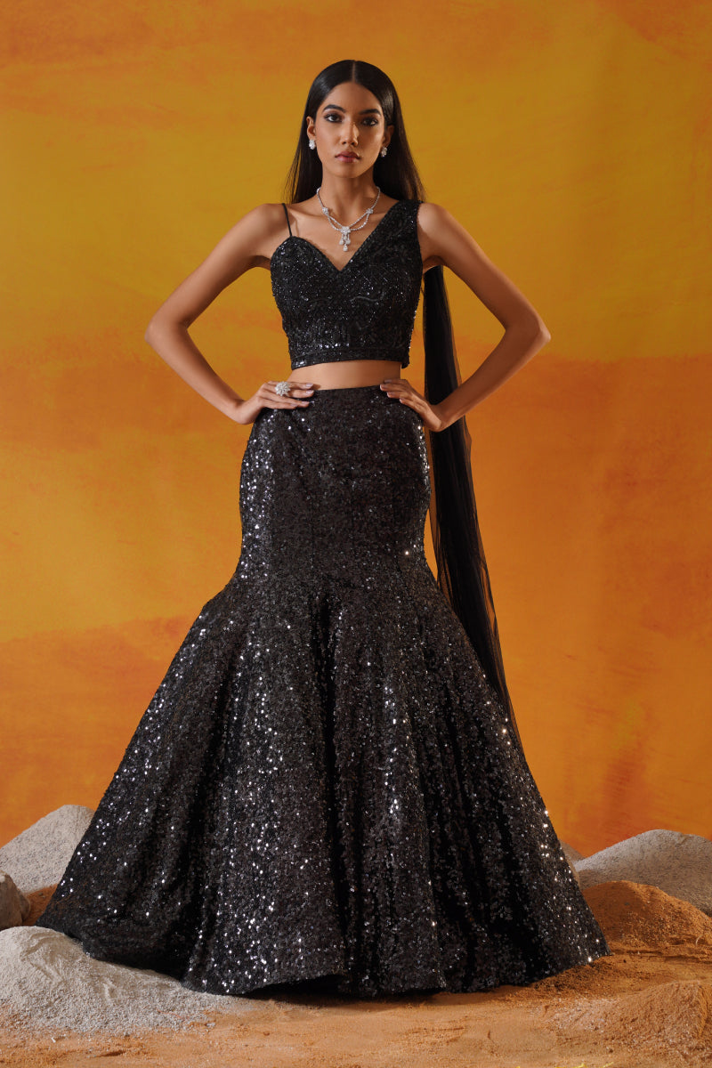 Black Sequins Net Lehenga Choli Set