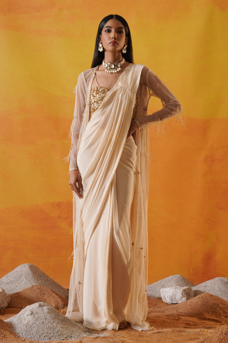 Ivory Georgette Saree Set