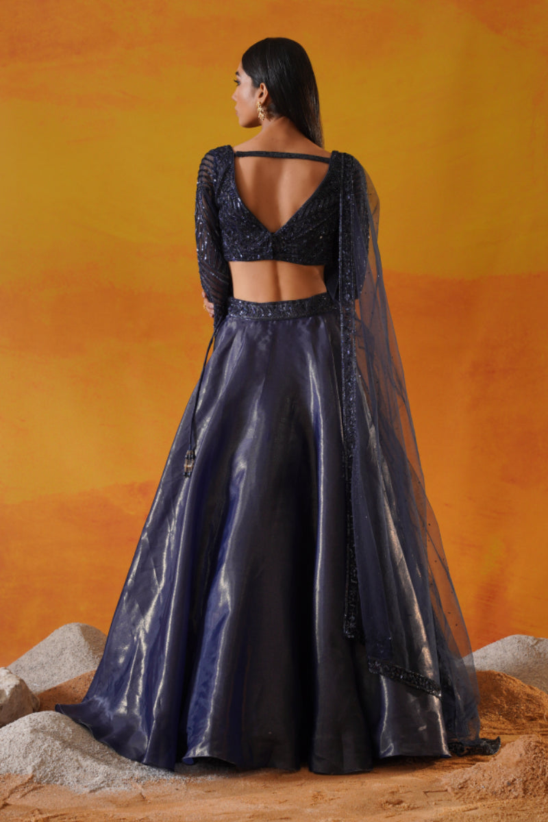 Navy Blue Tisue Organza Lehenga Choli Set