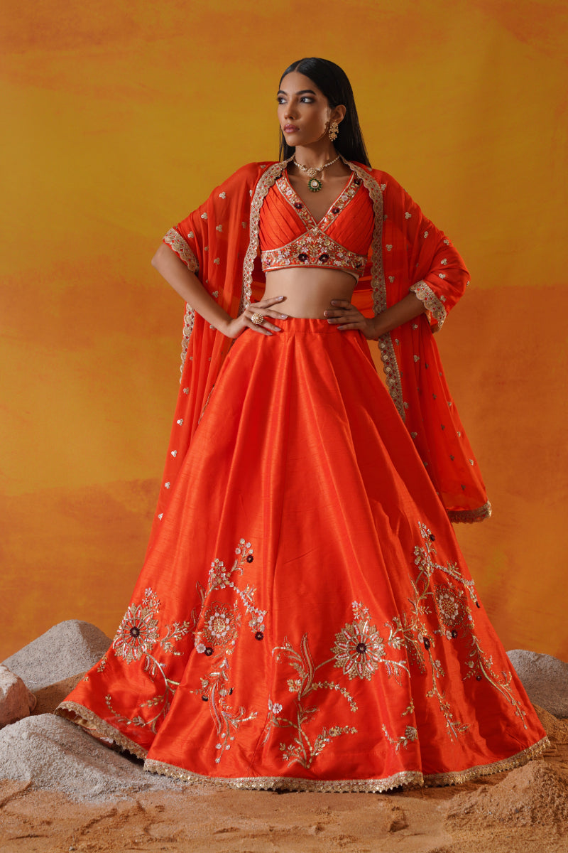 Orange Dupion Silk Lehenga Choli Set
