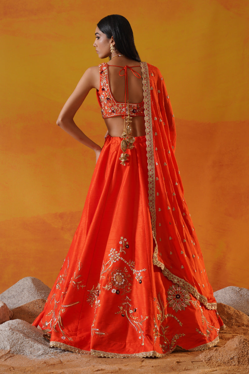 Orange Dupion Silk Lehenga Choli Set