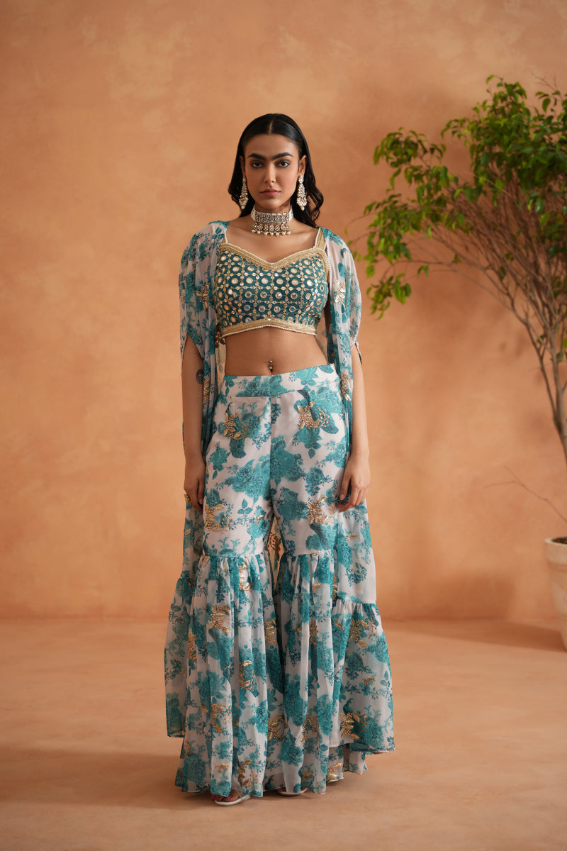 Teal Blue Mirror Blouse, Printed Garara And Cape