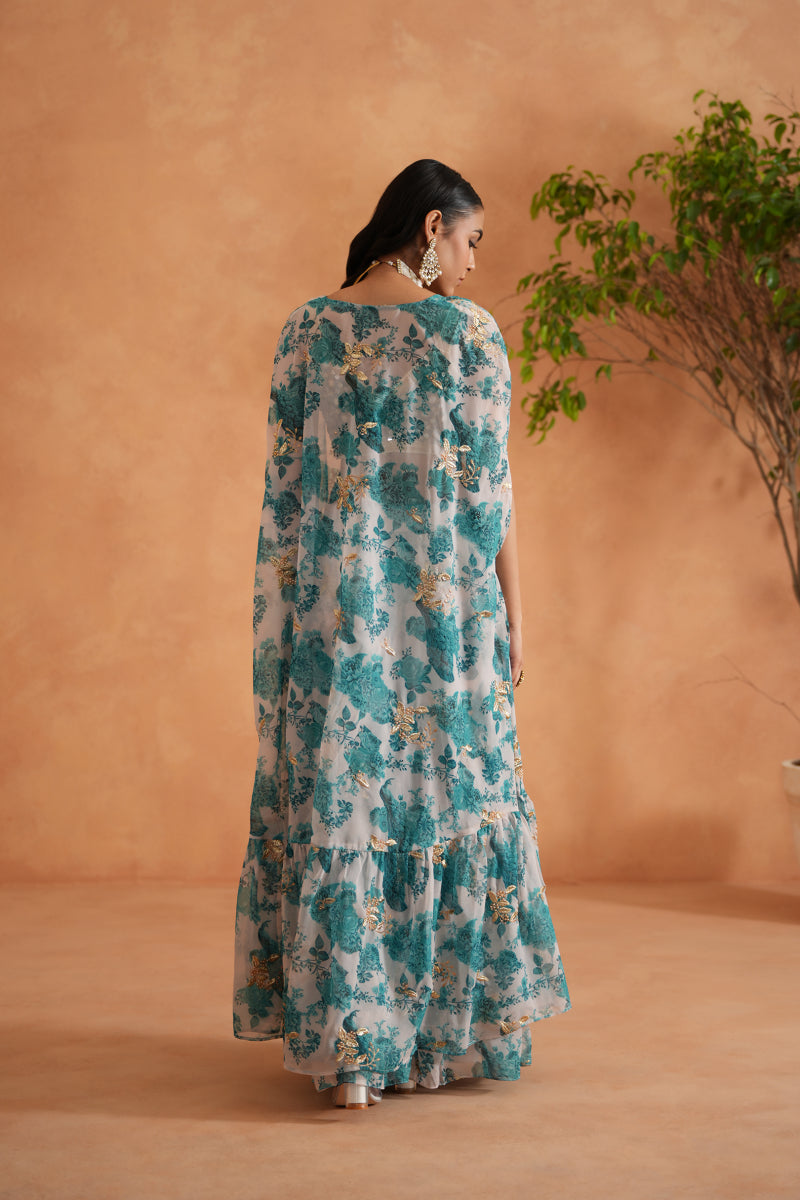 Teal Blue Mirror Blouse, Printed Garara And Cape