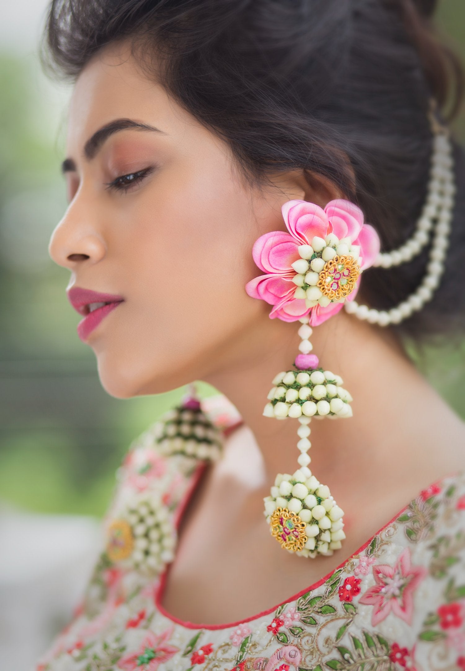 Pink Floral Jhumka With Earchain