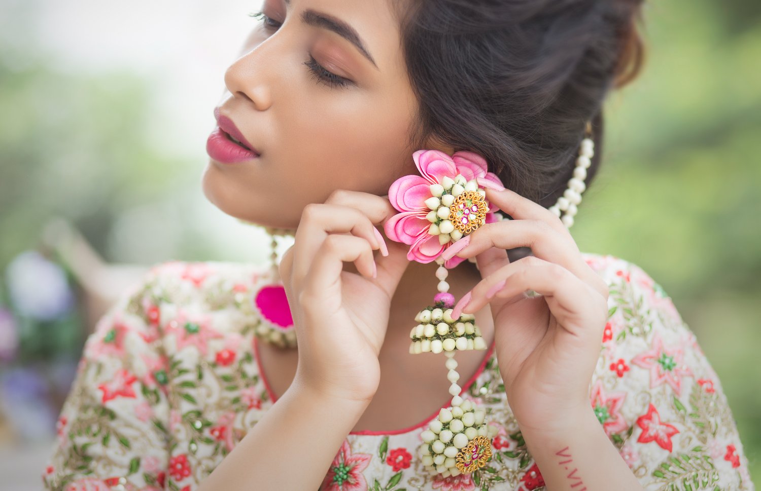 Pink Floral Jhumka With Earchain