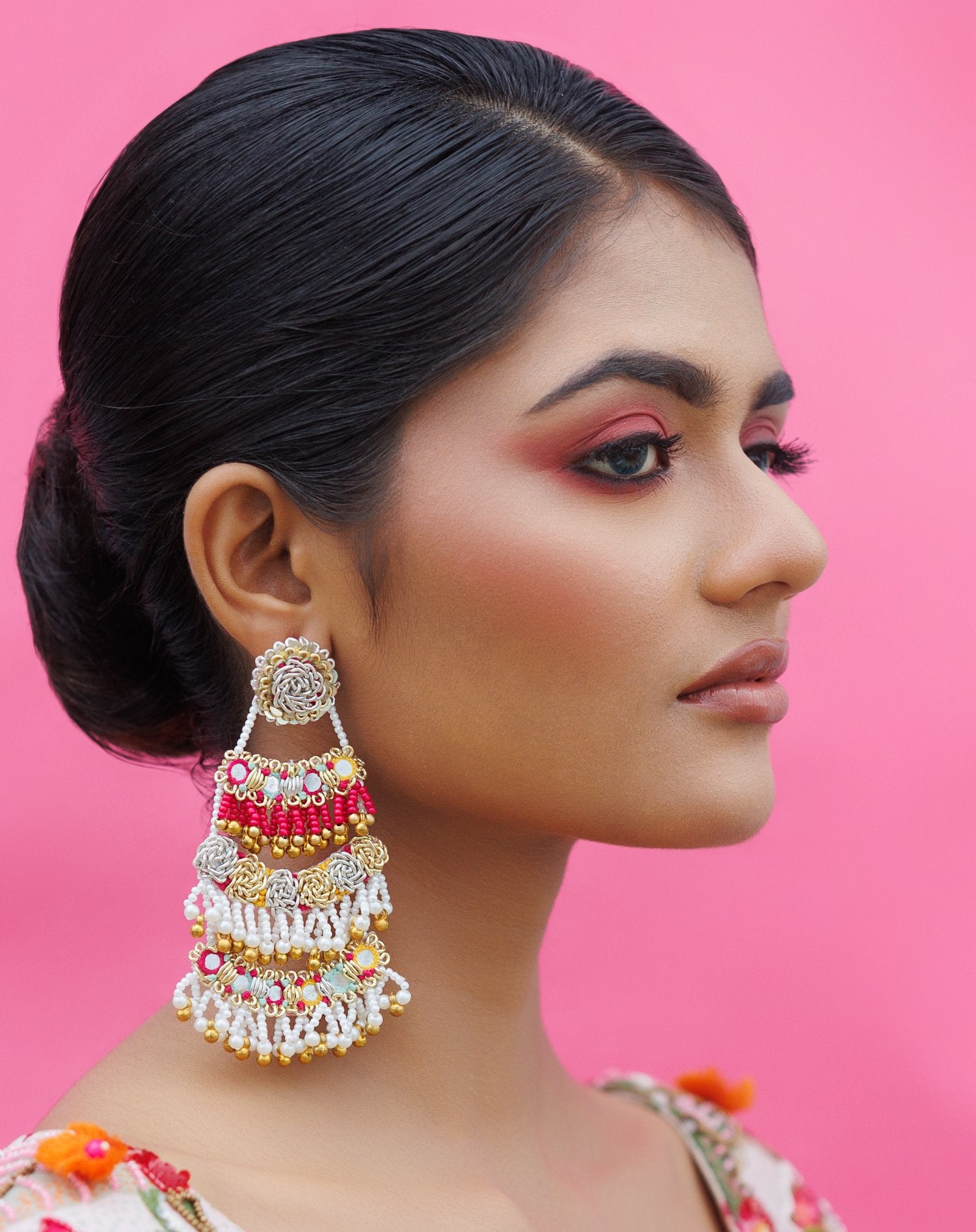 Triple Layered Earrings With Beads Work
