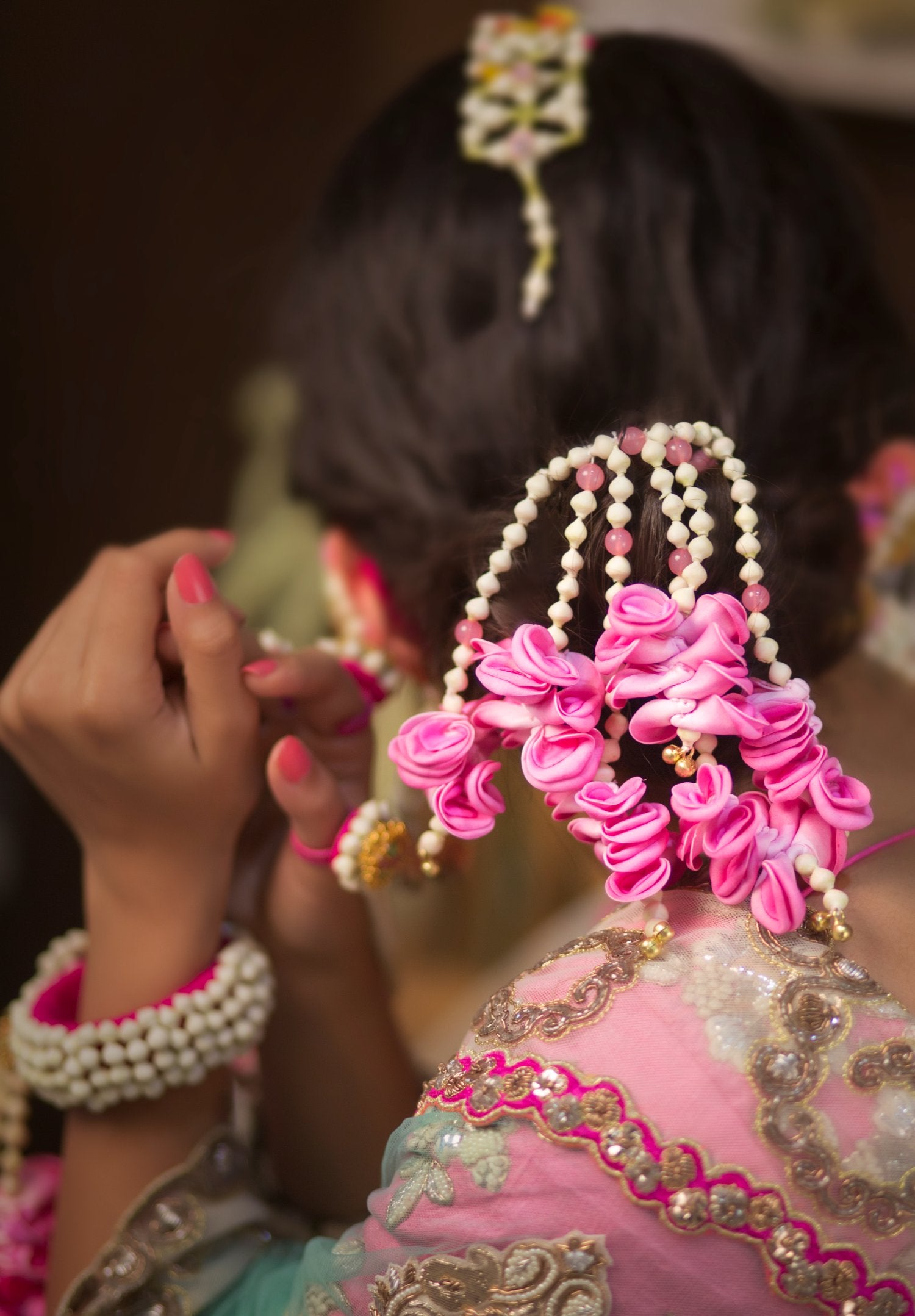 Pink Handcrafted Bridal Bun Jewellery