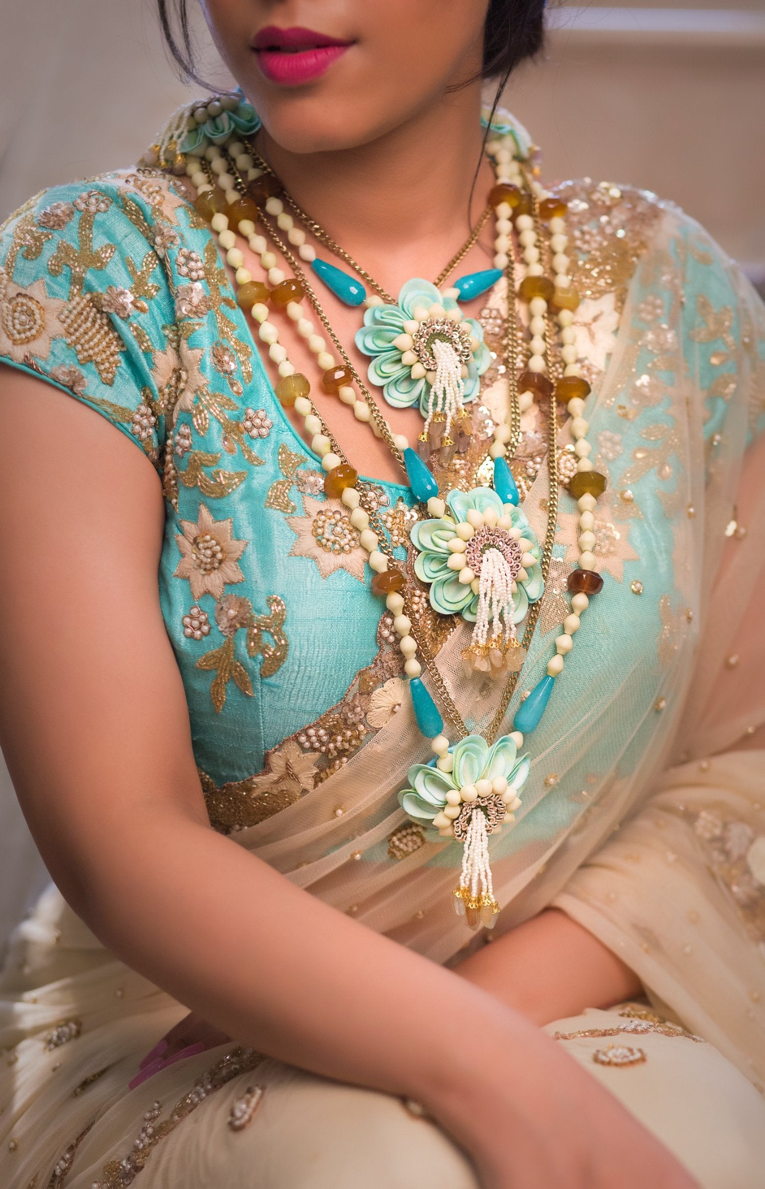 Aqua Hydrangea And Gold Necklace
