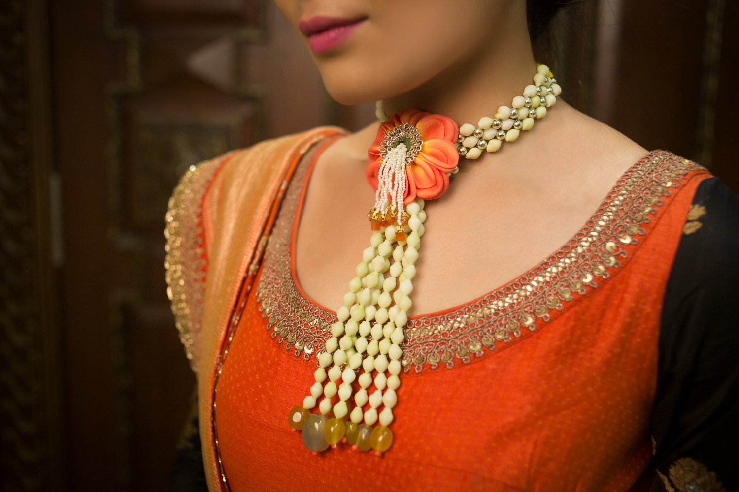 Coral Charm Waterfall Mogra Necklace