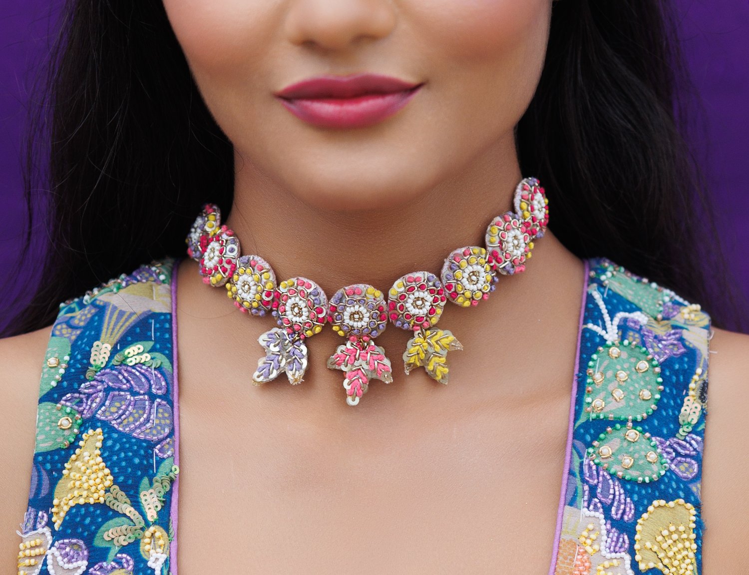 Floral Teen Patti Embroidred Necklace