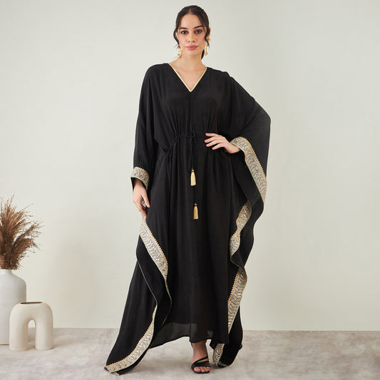 Black Full Length Kaftan with Gold Lace Detail