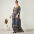 Load image into Gallery viewer, Grey and Gold Tribal Print Embellished Silk Full Length Kaftan
